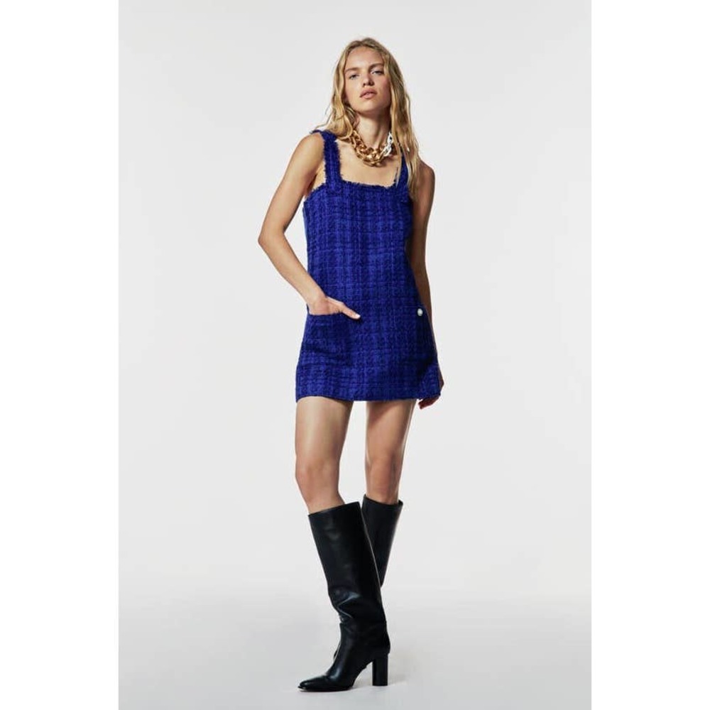 NWT Zara Cobalt Blue Textured Tweed Pinafore Mini Dress, Women's Extra Small XS